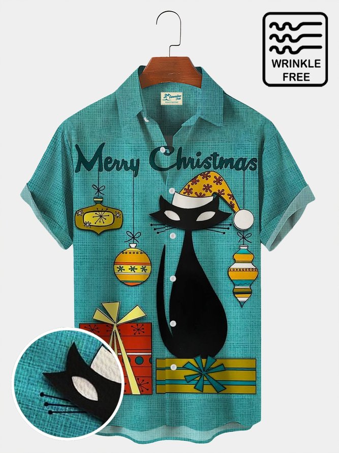 Royaura Men's Vintage Christmas Cat Shirts Wrinkle Resistant Seersucker Easy Care Shirts
