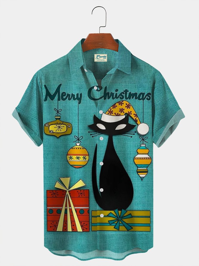 Royaura Men's Vintage Christmas Cat Shirts Wrinkle Resistant Seersucker Easy Care Shirts