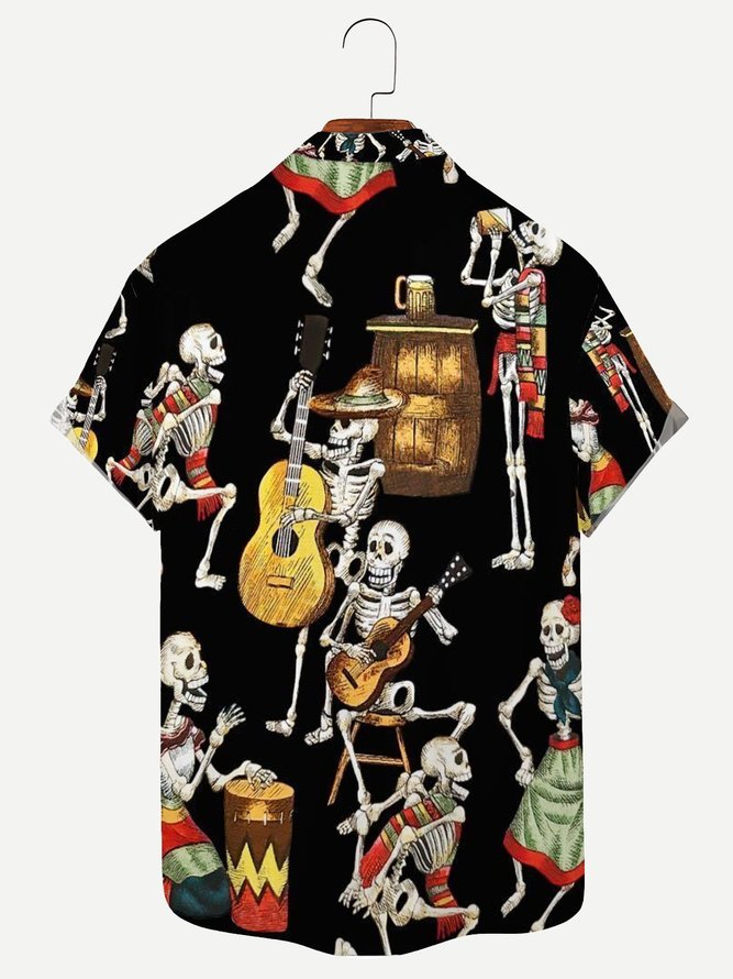 Royaura Men's Vintage Skull Music Guitar Print Short Sleeve Shirt Tuckless Button Up Big and Tall Shirts