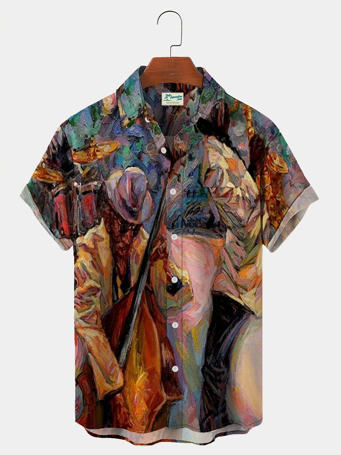 Royaura Men's Jazz Oil Painting Hawaiian Short Sleeve Shirt Buttons