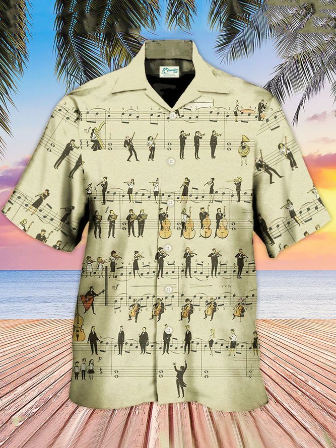 Men's Vintage Music Note Retro Music Lover Print Short Sleeve Hawaiian Shirt