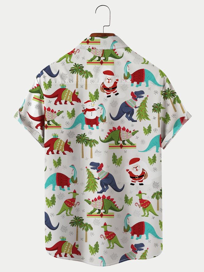 Royaura Men's Holiday Christmas Hawaiian Shirts Dinosaur  Cotton Linen Blend Plus Size Tops