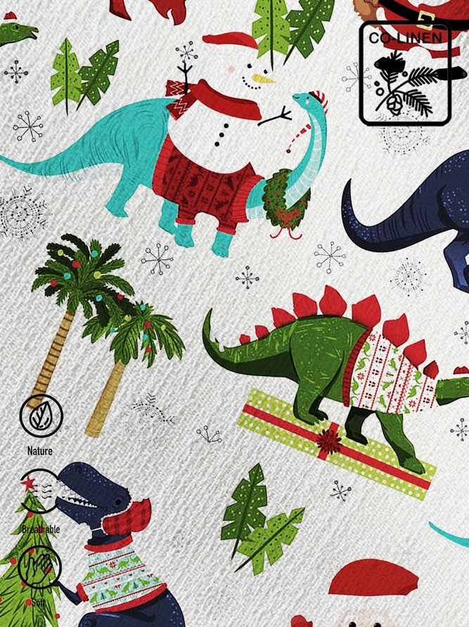 Royaura Men's Holiday Christmas Hawaiian Shirts Dinosaur  Cotton Linen Blend Plus Size Tops