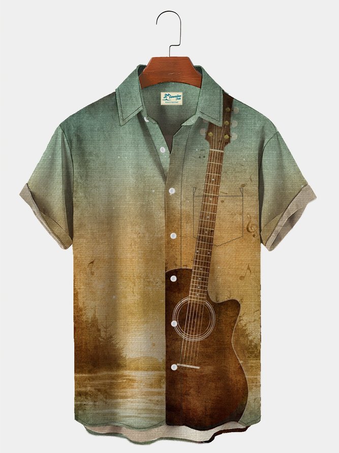 Royaura Cotton Linen Men's Holiday Guitar Hawaiian Button Short Sleeve Shirt