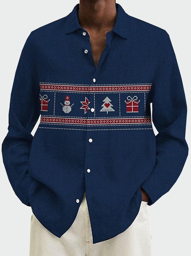 Royaura Men's Simple Christmas Print Long Sleeve Shirt Cotton Linen Cozy Plus Size Shirt