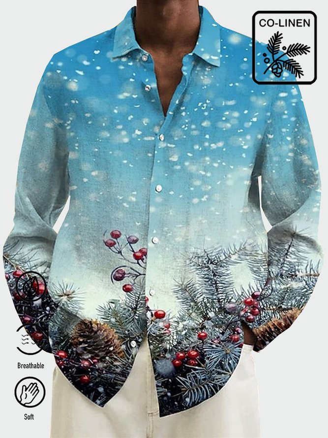 Royaura Men's Christmas Pine Snow Print Long Sleeve Shirt Cotton Linen Plus Size Shirt