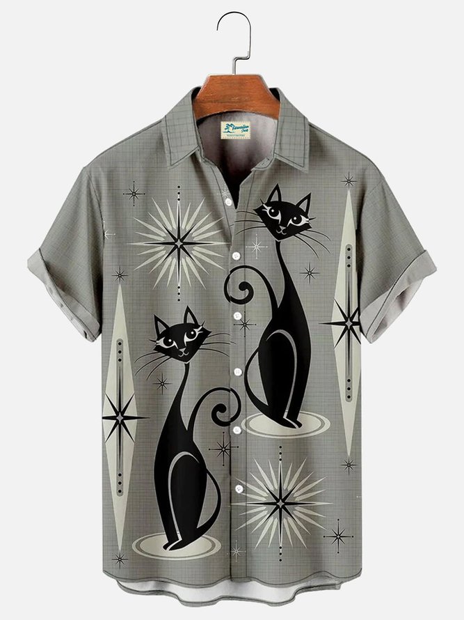 Mens Retro Black Cat Print Round Hem Loose Short Sleeve Hawaiian Shirts