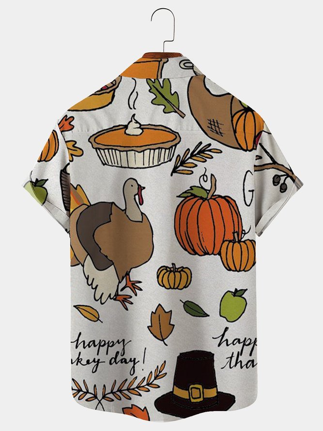 Royaura Men's Thanksgiving Pumpkin Hawaiian Button Short Sleeve Shirt