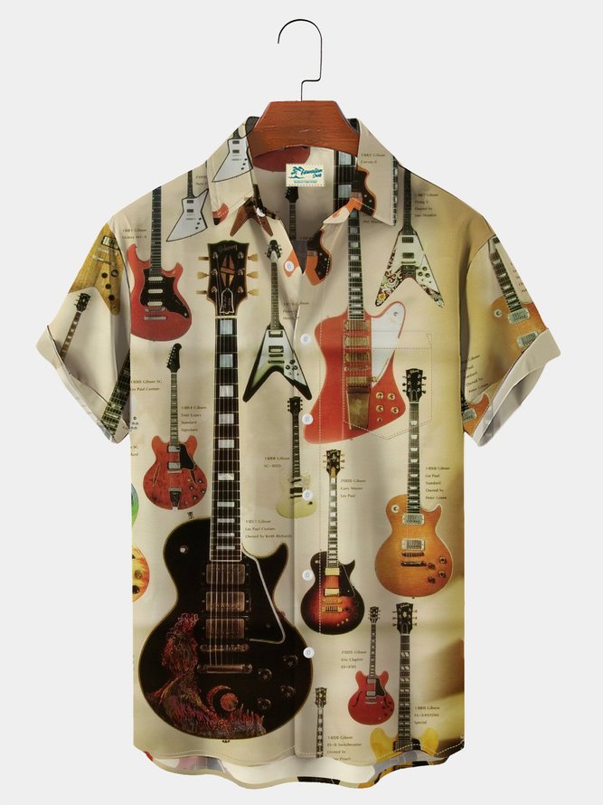 Men's 60's Vintage Shirts Electric Guitar Rock Instrument Wrinkle Free Plus Size Lightweight Seersucker Shirts