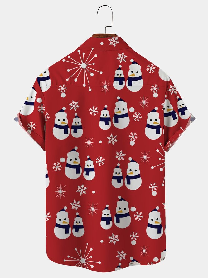 Men's Holiday Hawaiian Shirts Christmas Snowman Aloha Wrinkle Free Plus Size Red Shirts