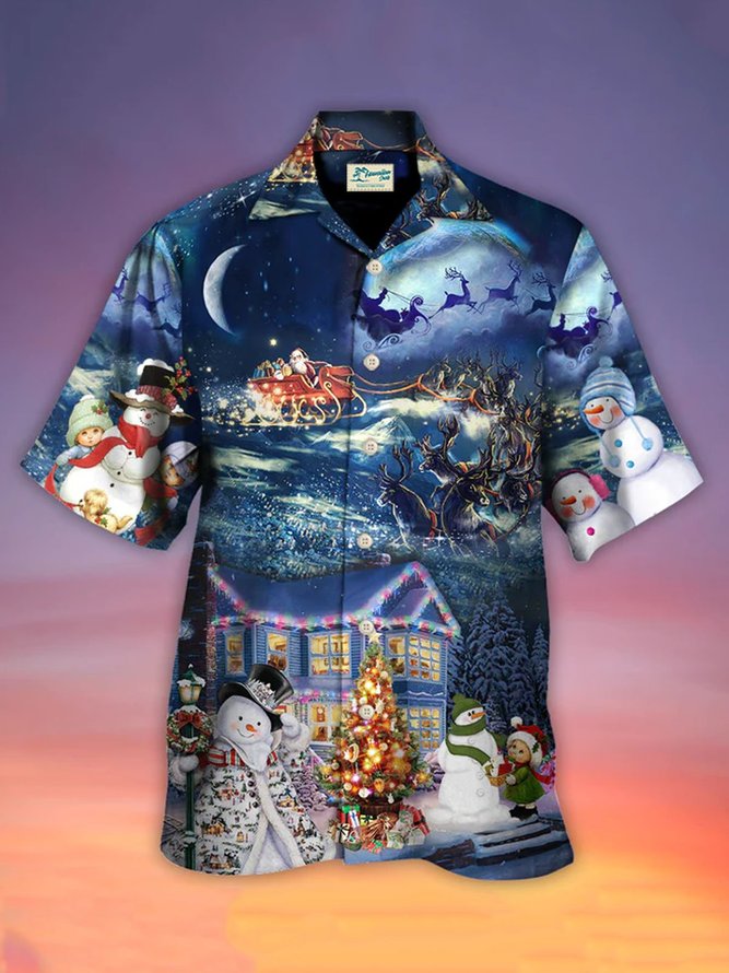 Royaura Men's Christmas Santa Claus Print Hawaiian Shirts Breathable Collar  Shirts
