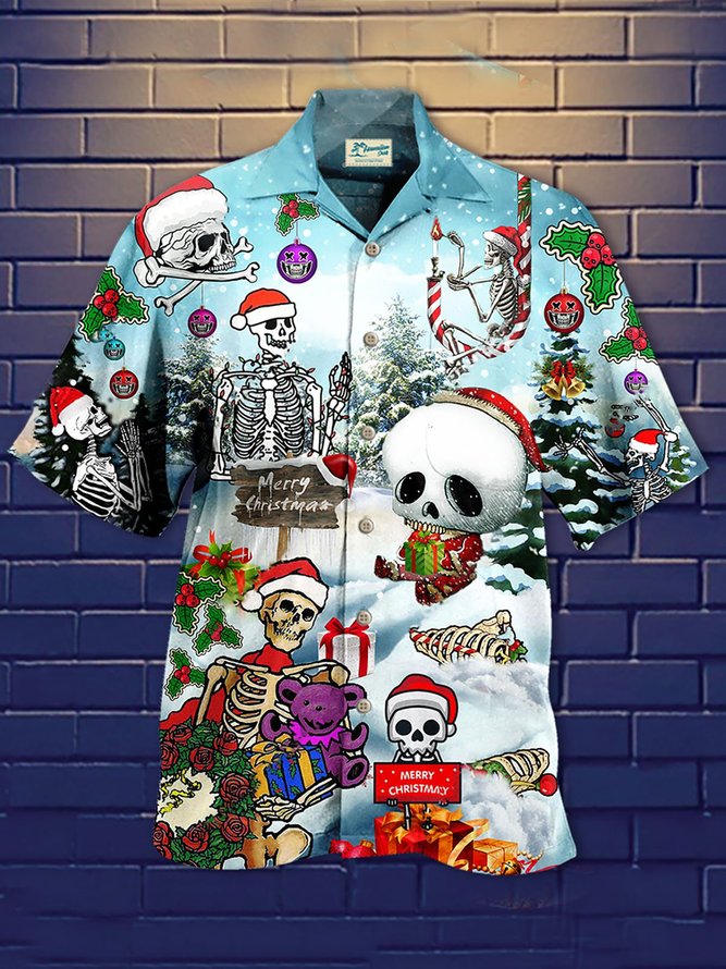 Royaura Men's Christmas Skull Xmas Snow Print Hawaiian Shirts Breathable Collar  Shirts
