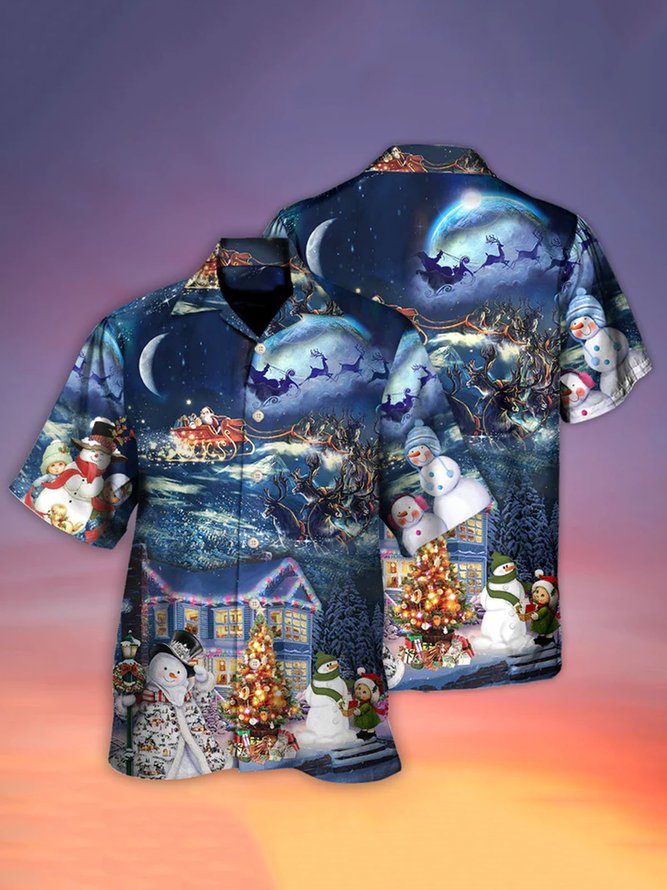 Royaura Men's Christmas Santa Claus Print Hawaiian Shirts Breathable Collar  Shirts