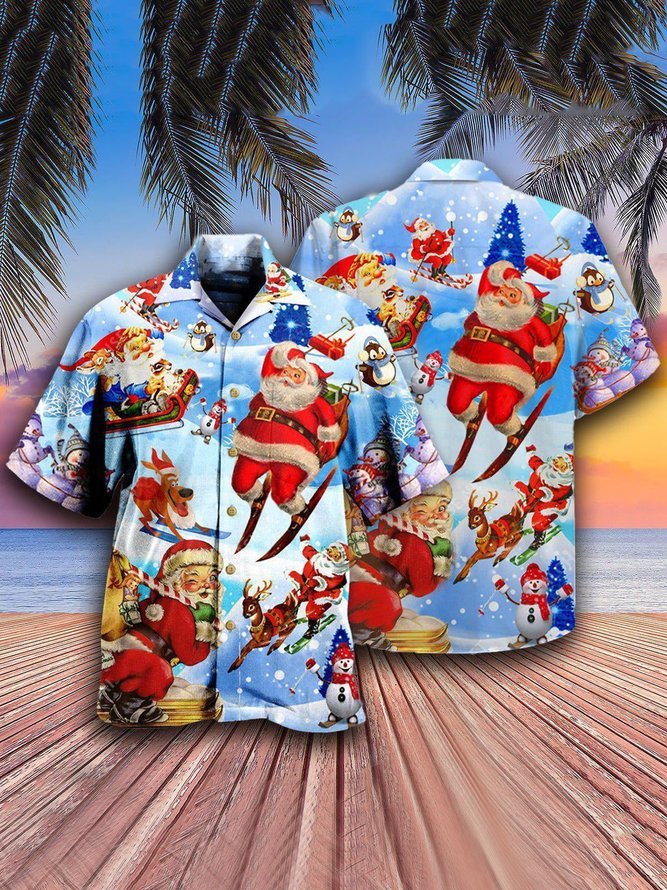 Royaura Men's Christmas Skiing Santa Claus In Blue Print Hawaiian Shirts Breathable Collar Shirts