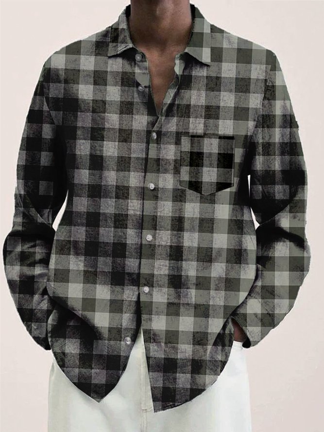 Men's Plaid Wrinkle-Free Seersucker Printing Casual Cotton Linen Long Sleeve Plus Size Top