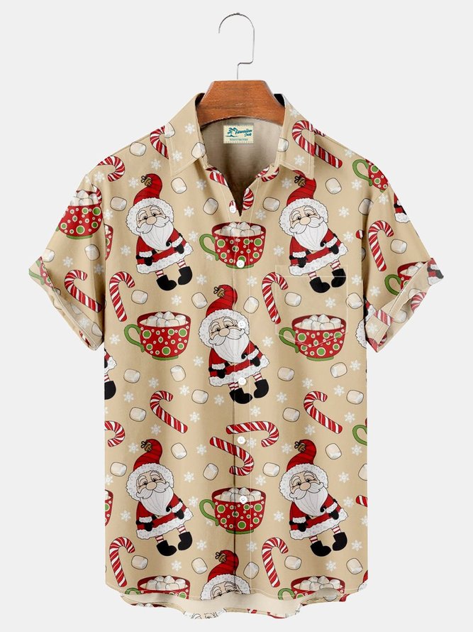 Royaura Men's Fashion Retro Fun Christmas Print Short Sleeve Shirt Breathable Button Up Shirts