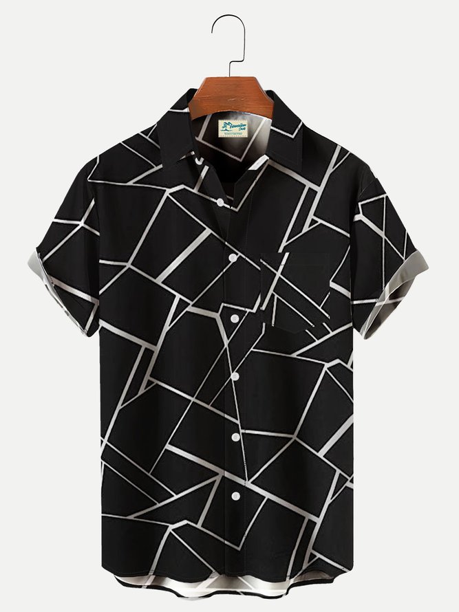 Royaura Men's Men's Vintage Geometric Line Print Lapel Short Sleeve Shirt Breathable Button Up Shirts