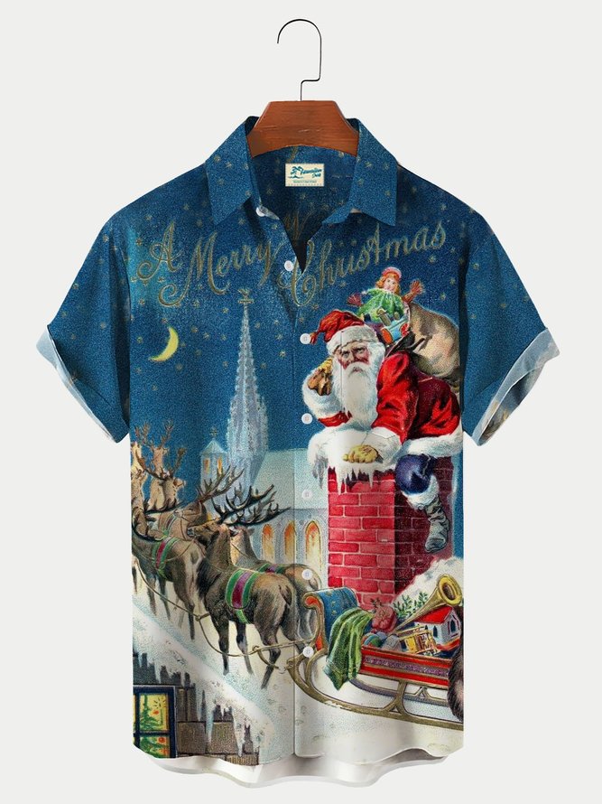 Royaura Men's Merry Christmas Print Hawaiian Shirt Breathable Button Up Shirts