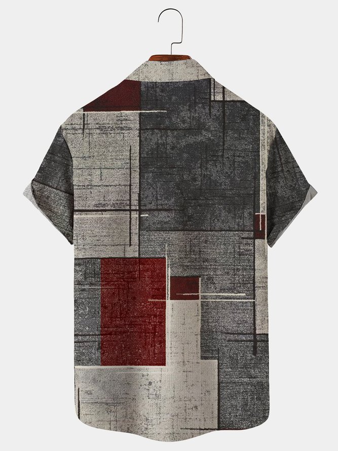 Royaura Cotton Linen Men's Holiday Geometric Texture Hawaiian Button Short Sleeve Shirt