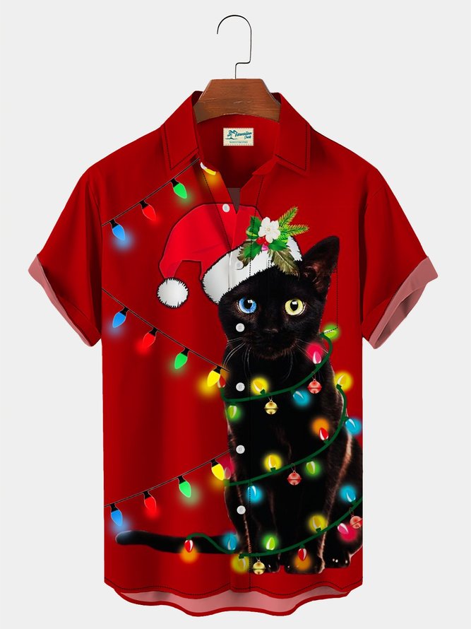 Royaura Men's Holiday Christmas Cat Light Hawaiian Button Short Sleeve Shirt