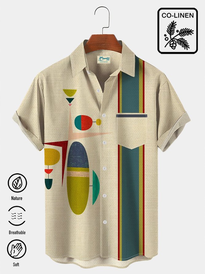 Royaura Cotton Linen Men's Casual Mid-Century Geometric Hawaiian Button Short Sleeve Shirt