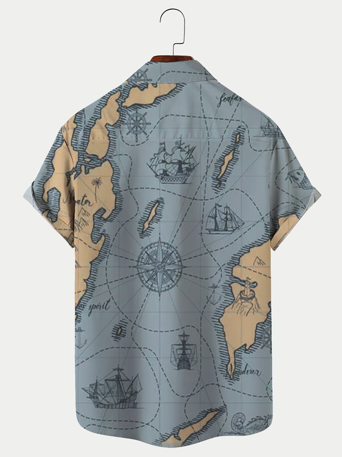 Royaura Men's Retro Old Hand Drawn Navigation Map Print Hawaiian Shirt Breathable Plus Size Shirts