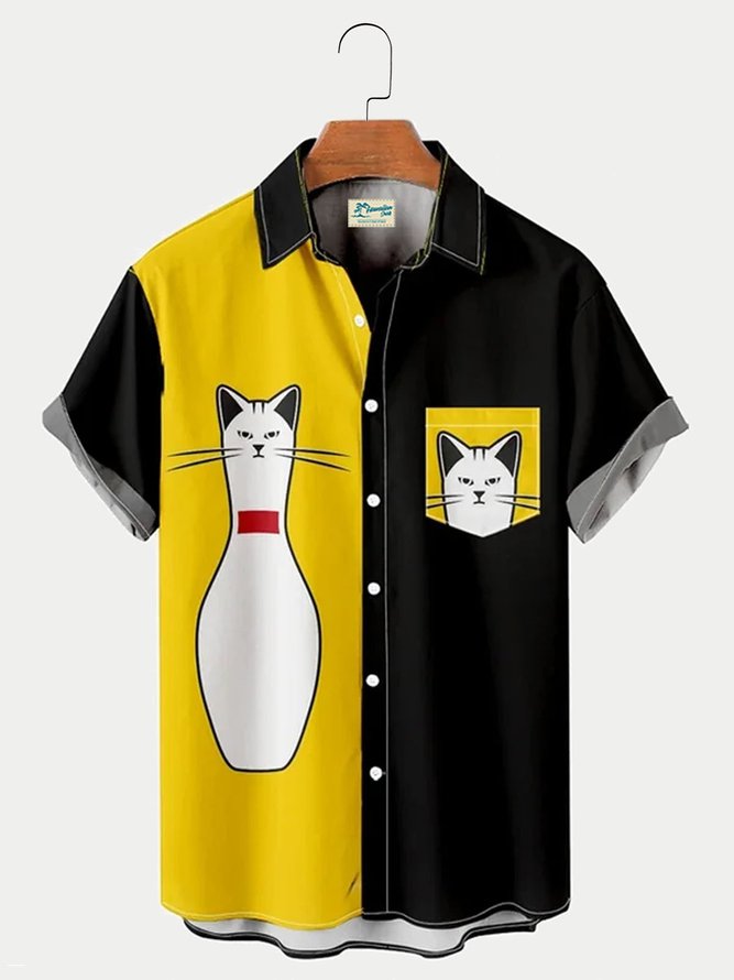 Cute Cartoon Cat Bowling Fashion Print Yellow And Black Stitching Shirt