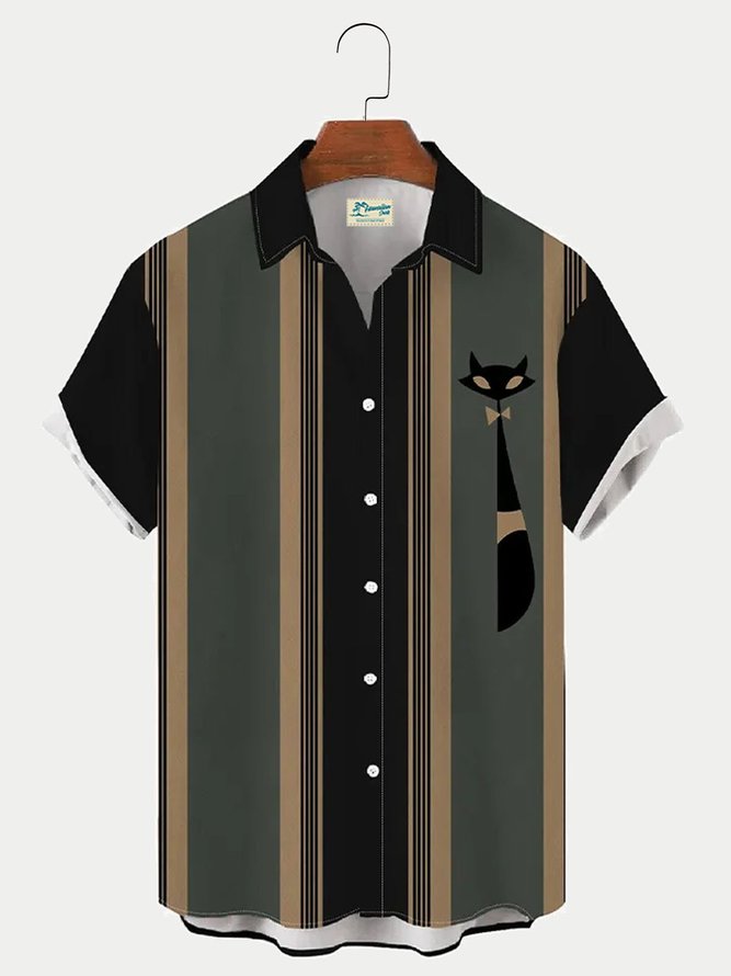 Mens Retro Black Cat Print Round Hem Loose Short Sleeve Hawaiian Shirts