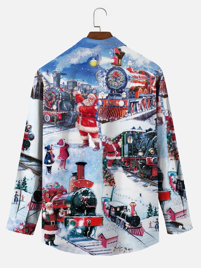 Royaura Men's Holiday Christmas Long Sleeve Shirt Steam Train Santa Wrinkle Free Plus Size Shirts