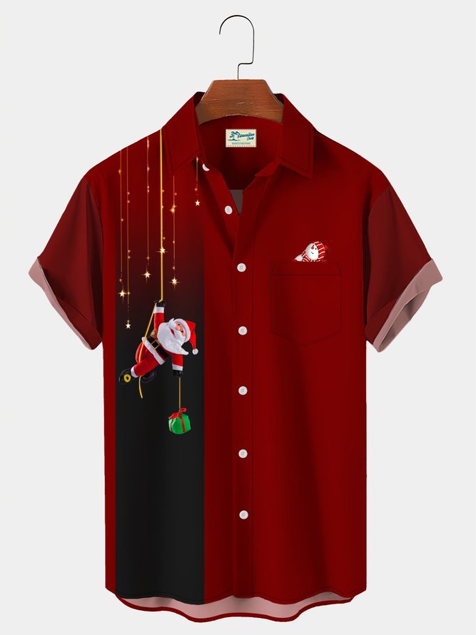 Royaura Men's Vintage Bowling Christmas Santa Hawaiian Short Sleeve Button Up Shirt