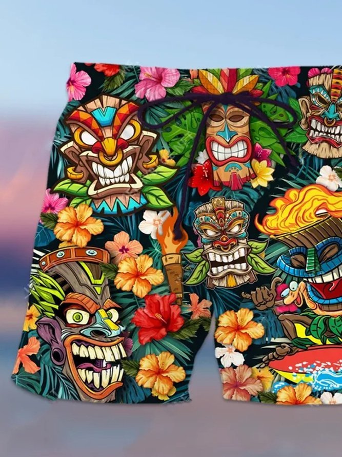 Royaura Men's Plus Holiday Hawaiian Beach Pants Tiki Totem Culture Quick Dry Wrinkle Free Plus Size Shorts