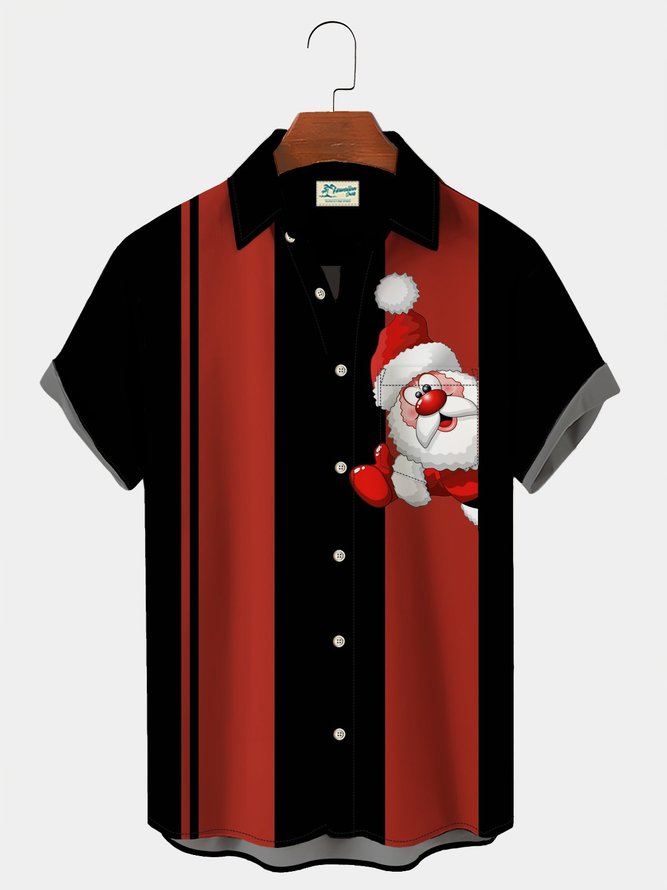 Royaura Men's Christmas Bowling Shirt Santa Cartoon Wrinkle Free Plus Size Hawaiian Shirts