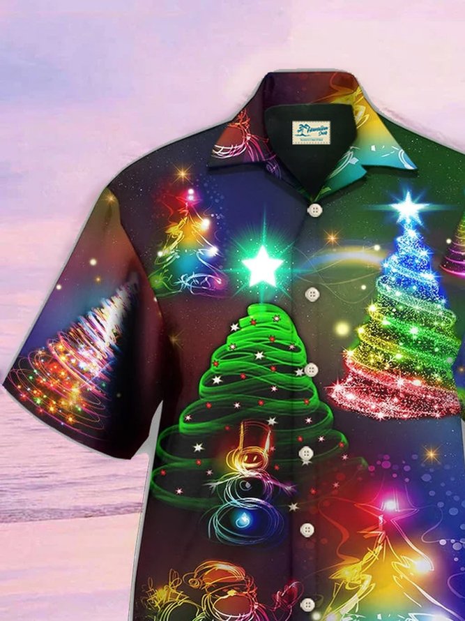 Royaura Men's Christmas Pine Tree Print Loose Short Sleeve Shirts
