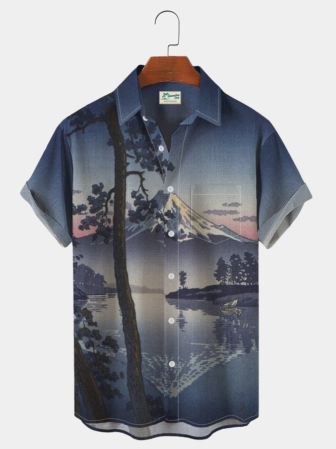 Royaura Men's Casual Shirt Mt. Fuji Cotton Linen Hawaiian Button Shirt