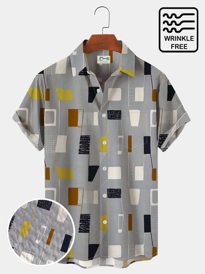 Royaura Men's Holiday Geometric Medieval Art Hawaiian Short Sleeve Button-Up Shirt Wrinkle Free Shirt