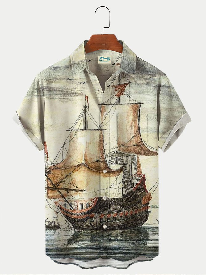Royaura Men's 50‘s Vintage Aloha Shirts Nautical Sailing Art Painting Wrinkle Free Seersucker Oversized Hawaiian Shirts