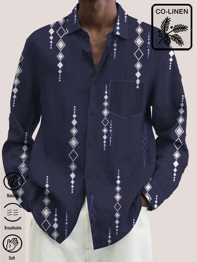 Men's Deep Blue Tribal Pattern Casual Cotton Linen Long Sleeve Plus Size Shirt
