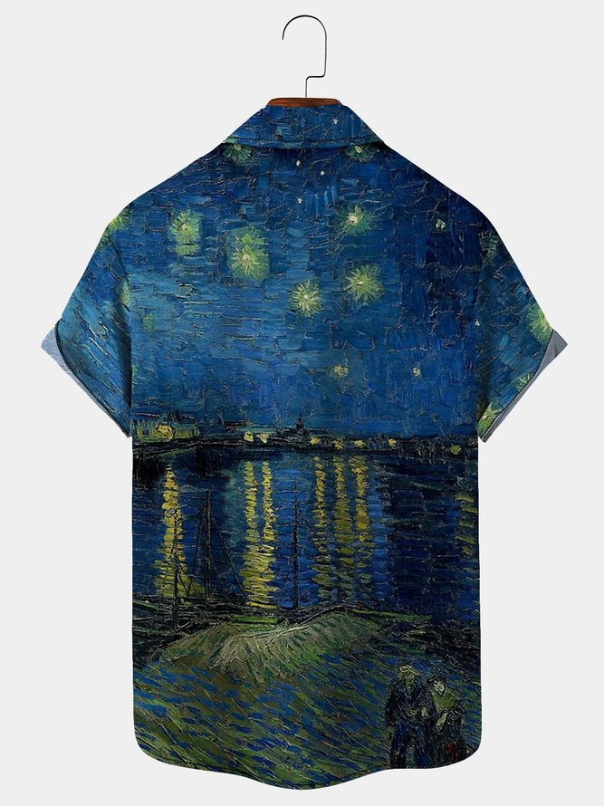 Royaura Men's Casual Shirt Van Gogh Starry Night Lapel Hawaiian Short Sleeve Shirt