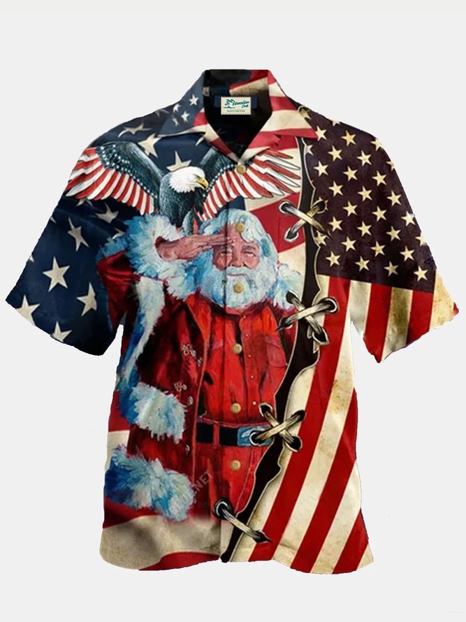 Men's American Flag Christmas Shirt Santa Claus Printed Top