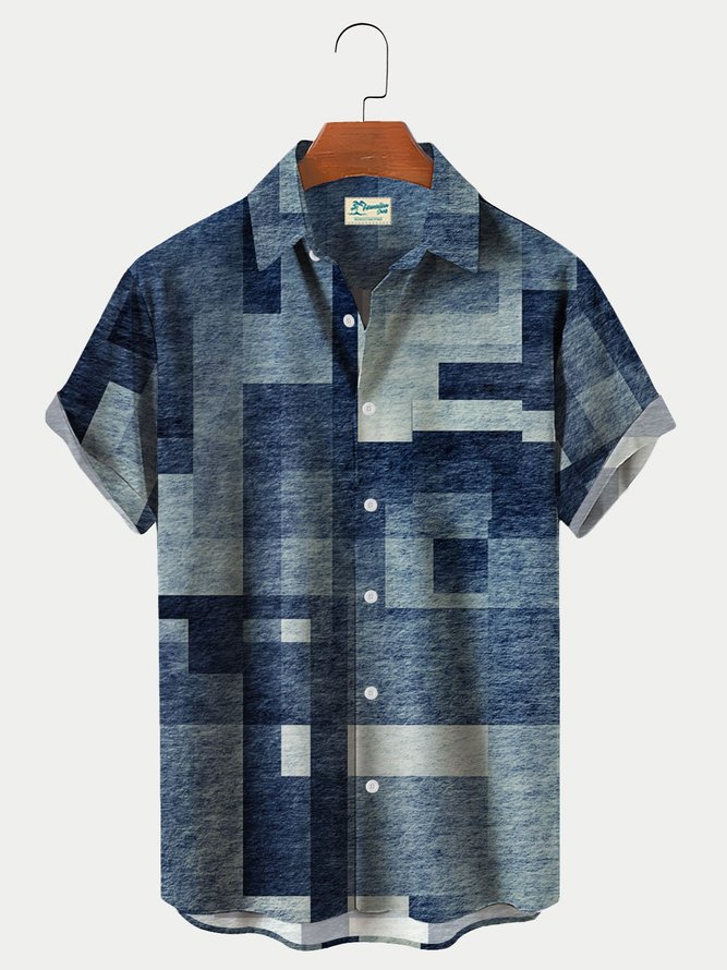 Royaura Men's Vintage Gradient Geometric Textured Print Hawaiian Shirt Breathable Plus Size Shirts