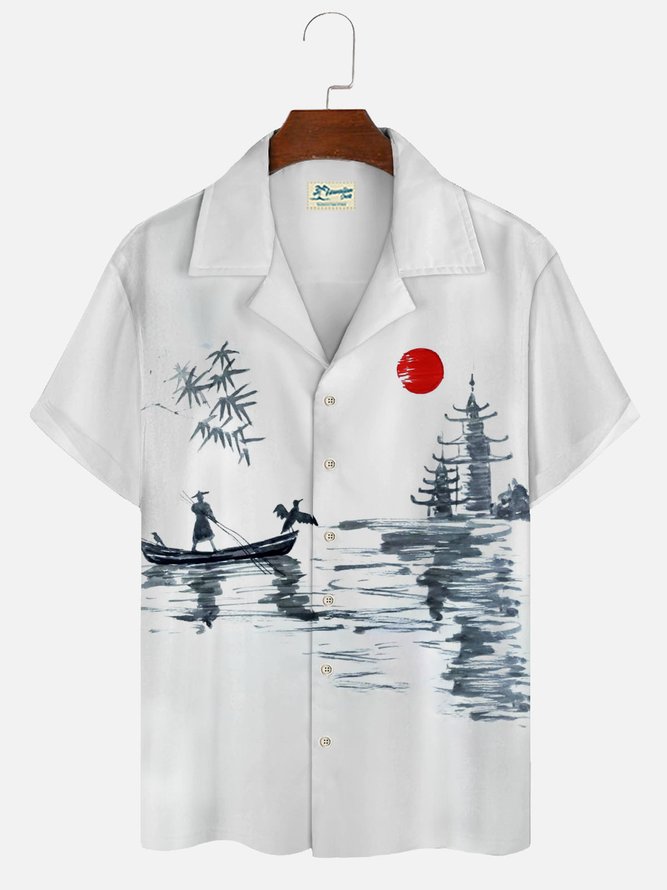 Royaura Men's Vintage Japanese Shirt Landing Sunset Ink Art Wrinkle Free Seersucker Easy Care Oversized Aloha Shirts