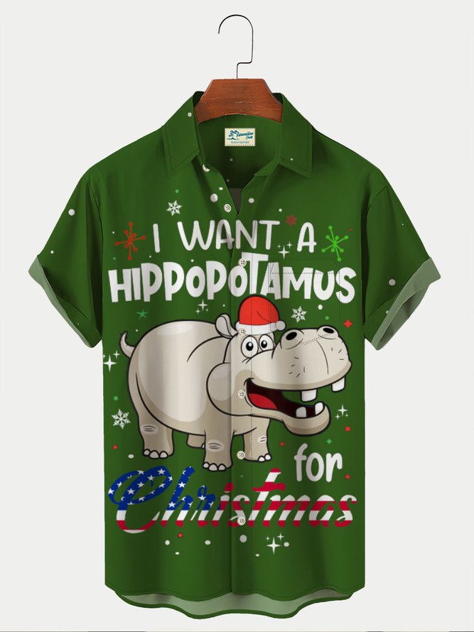 Royaura Men's I Want A Hippopotamus For Christmas Cartoon Shirt Wrinkle Free Plus Size Hawaiian Shirt