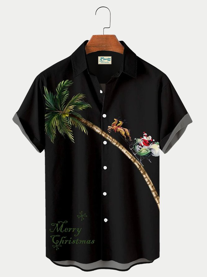 Royaura Men's Christmas Elk Coconut Tree Print Short Sleeve Hawaiian Shirt