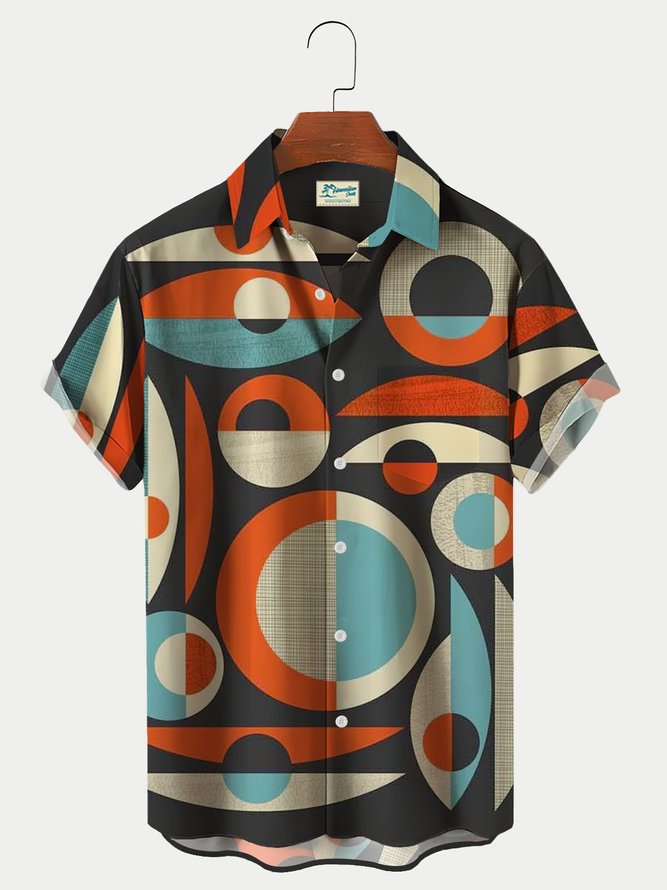 Royaura Men's Vintage Geometric Art Print Hawaiian Shirt Breathable Big and Tall Shirts