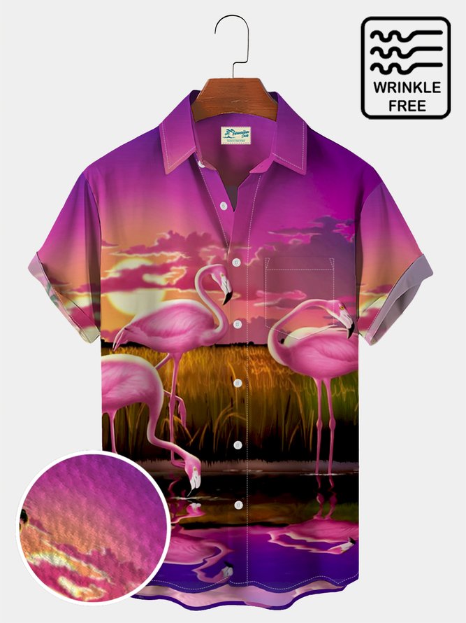 Royaura Men's Holiday Flamingo Hawaiian Short Sleeve Button Up Shirt wrinkle free shirt