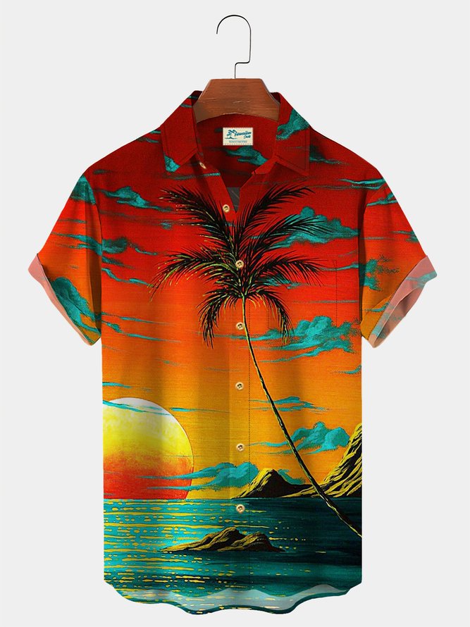 Royaura Men's Holiday Coconut Tree Art Painting Hawaii Short Sleeve Button Up Shirt