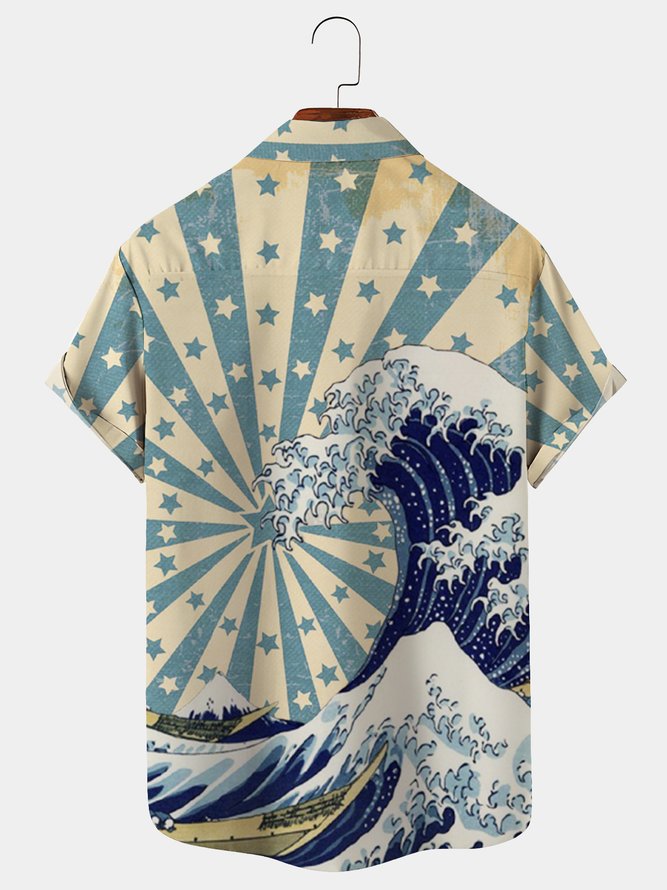 Royaura Men's Vintage Ukiyoe Ocean Wave Hawaiian Short Sleeve Button