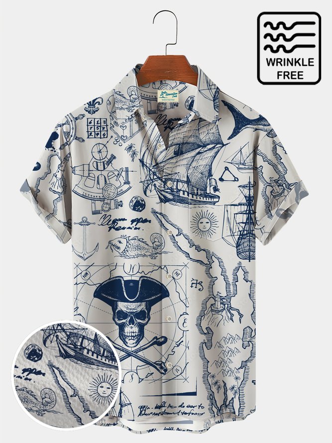 Royaura Men's 50‘s Vintage Hawaiian Shirts Nautical Map Pirate Ship Skull Seersucker Wrinkle Free Easy Care Aloha Shirts