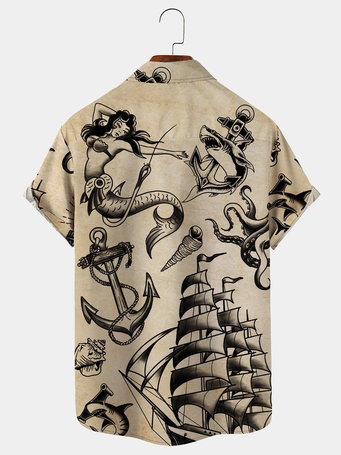Royaura Men's Vintage Hawaiian Shirts Nautical Mermaid Boat Seersucker Wrinkle Free Easy Care Aloha Shirts
