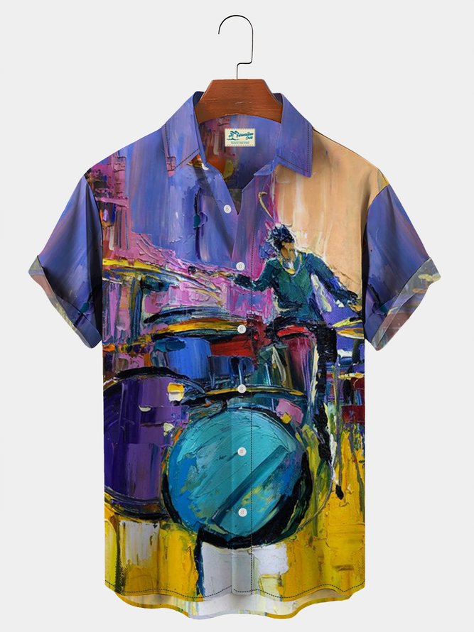 Royaura Men's Vintage Shirt Music Lapel Hawaiian Short Sleeve Shirt
